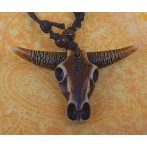 New Adjustable Cord Necklace Brown Bull Skull Design Pendant Resin 7"-15" Length